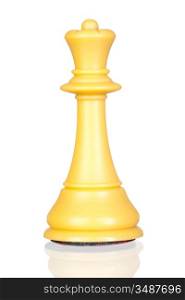 White queen chess piece isolated on white background with reflection on the floor