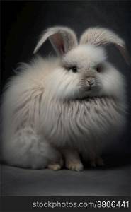 white rabbit of the Angora breed, on a gray background