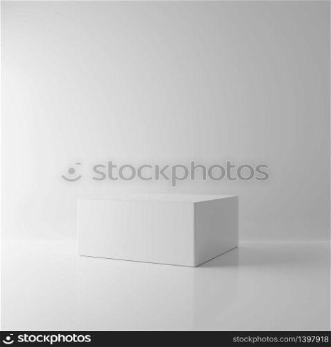White rectangle block cube in empty room background. Abstract Interior architecture mockup concept. Minimalism theme. Studio podium platform. Business exhibition presentation stage. 3D illustration