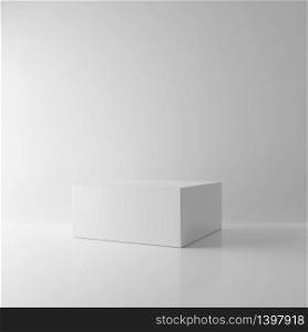 White rectangle block cube in empty room background. Abstract Interior architecture mockup concept. Minimalism theme. Studio podium platform. Business exhibition presentation stage. 3D illustration