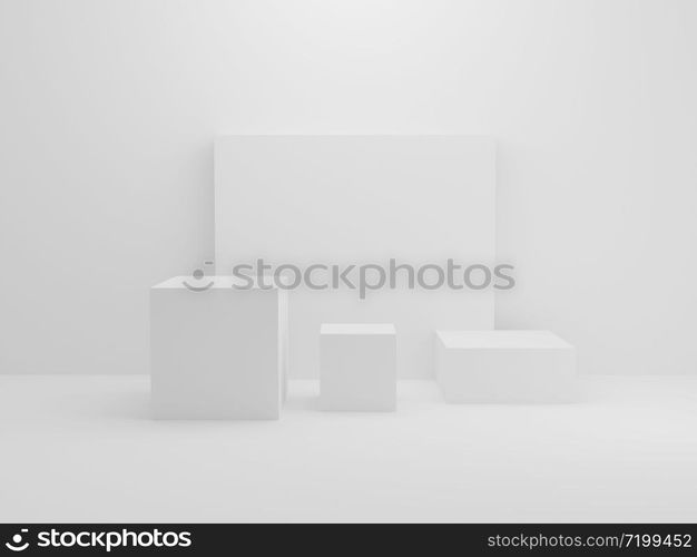 White rectangle block in small room background. Abstract Interior architecture mockup concept. Minimalism theme. Studio podium platform. Exhibition and business presentation stage. 3D illustration