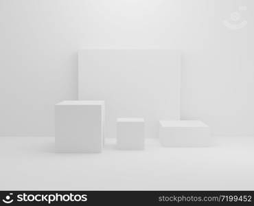 White rectangle block in small room background. Abstract Interior architecture mockup concept. Minimalism theme. Studio podium platform. Exhibition and business presentation stage. 3D illustration