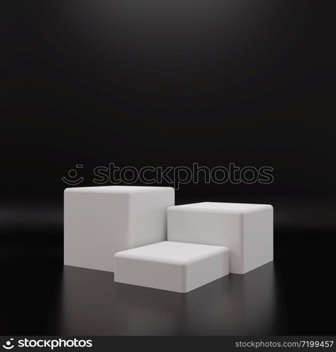 White rectangle cube product showcase table on black background. Abstract minimal geometry concept. Studio podium platform. Exhibition and business presentation stage. 3D illustration render graphic