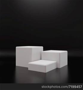 White rectangle cube product showcase table on black background. Abstract minimal geometry concept. Studio podium platform. Exhibition and business presentation stage. 3D illustration render graphic