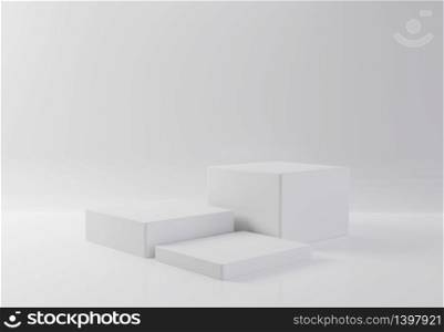 White rectangle cube product showcase table on isolate background. Abstract minimal geometry concept. Studio podium platform. Exhibition and business presentation stage. 3D illustration render graphic