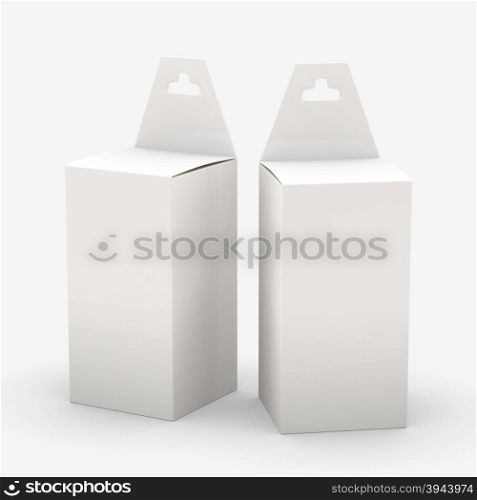 White rectangle paper box packaging with hanger, clipping path included. Template package for variety product like ink cartridge, electronic or stationery. ready for Your Design and artwork .&#xA;