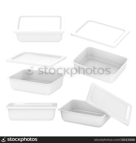 White rectangle plastic container for food production like fresh food, convenience food or frozen food. Template for your design or artwork, clipping path included&#xA;