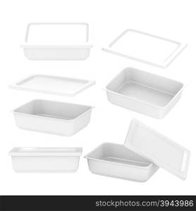 White rectangle plastic container for food production like fresh food, convenience food or frozen food. Template for your design or artwork, clipping path included&#xA;