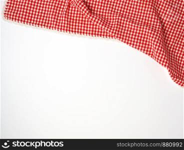 white red checkered kitchen towel on a white background, bright picnic background, copy space