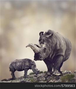 White Rhinoceros:Adult And Baby