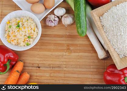 white rice and variety of vegetables for cooking traditional Chinese cuisine