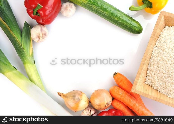 white rice and variety of vegetables for cooking traditional Chinese cuisine