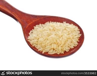 white rice in wooden spoon isolated on white background