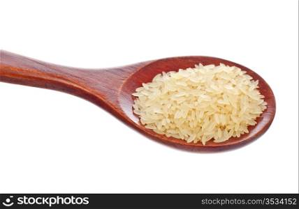 white rice in wooden spoon isolated on white background