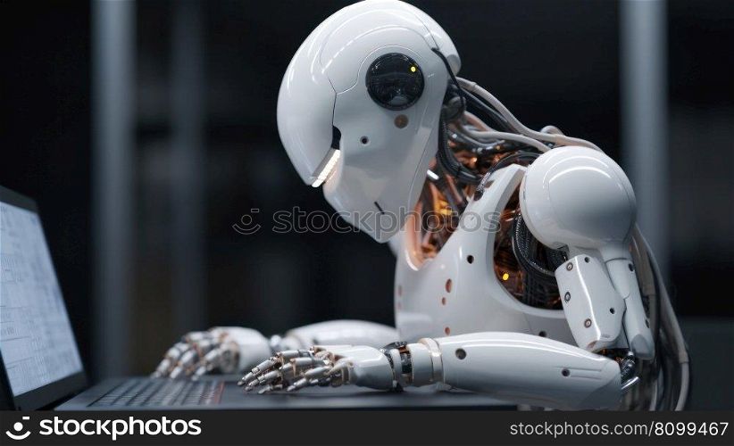 white robot artificial intelligence works at a laptop computer generative ai.