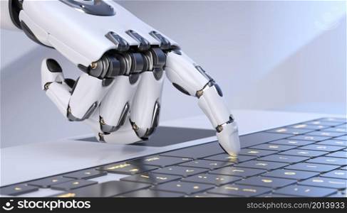 White robot cyborg hand pressing a keyboard on a laptop. 3D illustration. White robot cyborg hand pressing a keyboard on a laptop