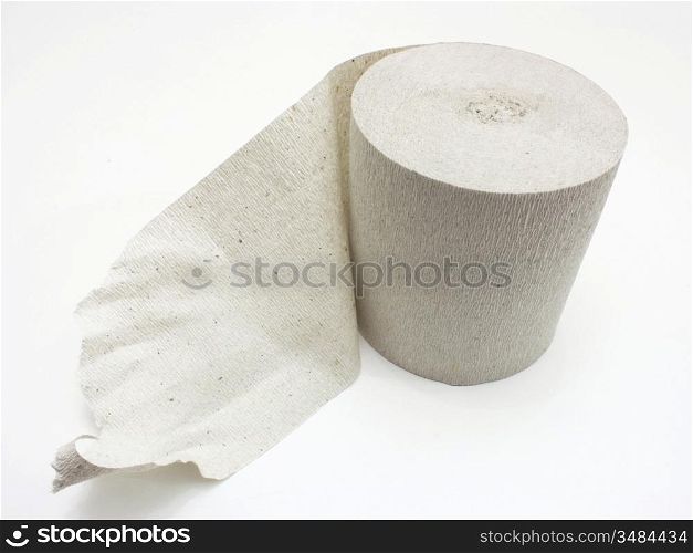 ""White roll of toilet paper isolated on white material;""