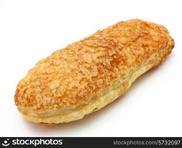 White roll strewed by sugar with a ruddy crust on a white background