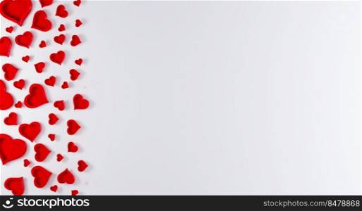White romantic background with red hearts on side. Valentine’s Day greeting card mockup. Valentine’s Day background  , flat lay. 3d rendering