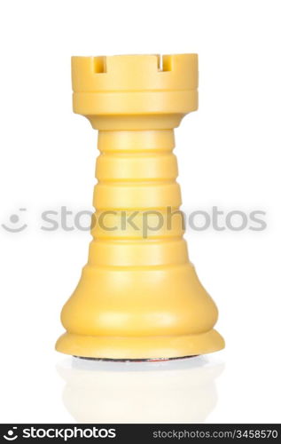 White rook chess piece isolated on white background with reflection on the floor