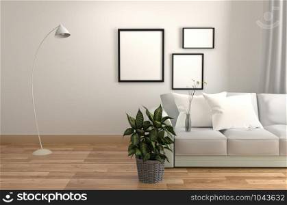 White Room Interior - Living room Scandinavian style - Modern room with sofa pillow lamp frame and plants, wooden floor on empty white wall background. 3D rendering