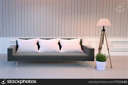 White Room Interior - Room elegant style - Room have black sofa lamp and plants. 3D rendering