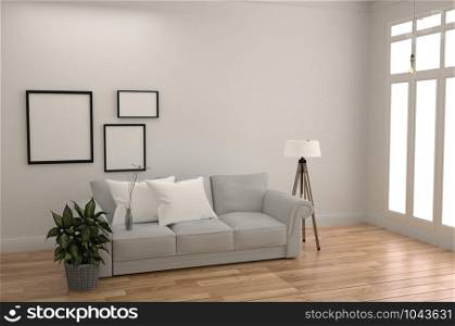 White Room Interior Scandinavian style - Modern room with white sofa and pillow with frame lamp and plants, wooden floor on empty white wall background. 3D rendering