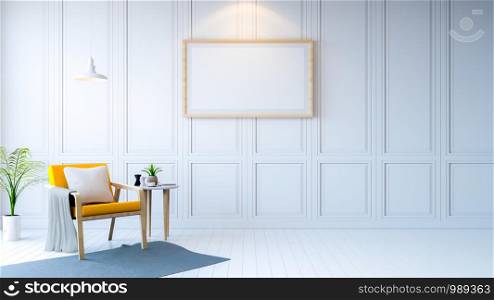 white room modern interior,yellow arm chair with white table and mock up frame /3d rendering