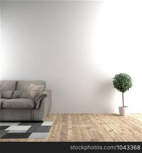 White room next to sofa and plants in empty wall background. 3D rendering