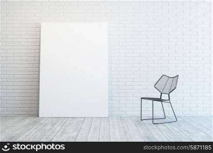 white room with blank picture and metal chair