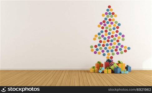 White room with christmas tree made with colorful dots on wall and gift box - 3d rendering
