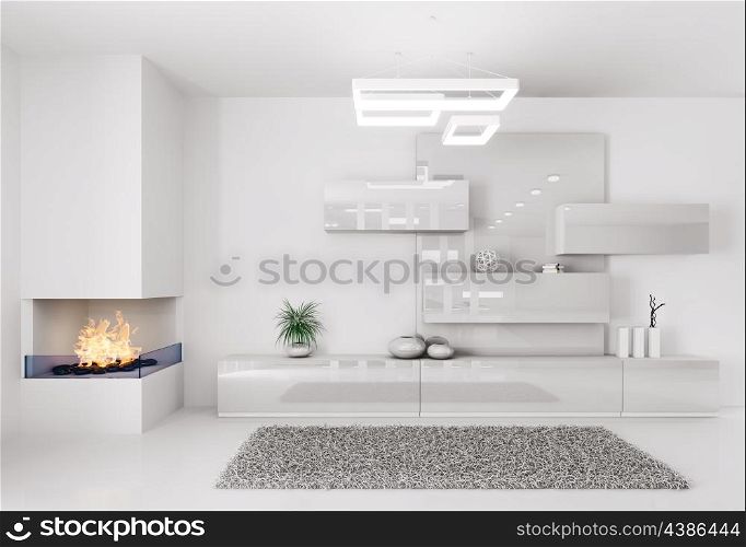 White room with fireplace and sideboard interior