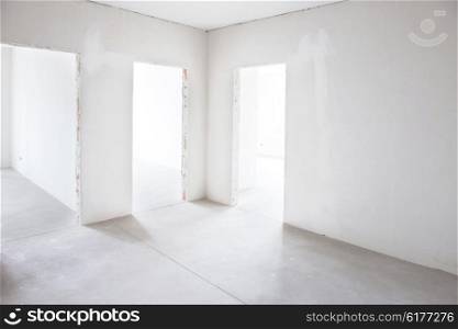 White room with three entrances. Empty interior space