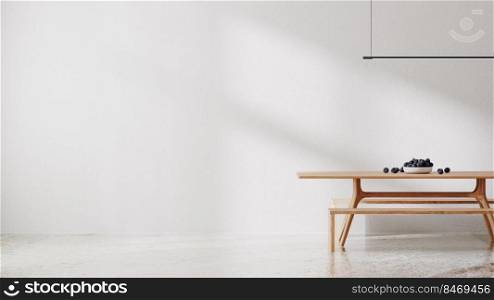 white room with wooden table and bench, dinning room mock up, empty wall, 3d rendering