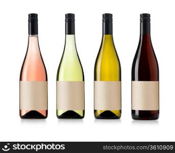 white, rose, and red wine bottles set isolated on white