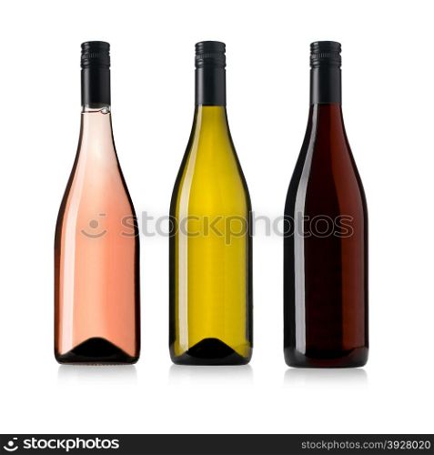 white, rose, and red wine bottles set isolated on white