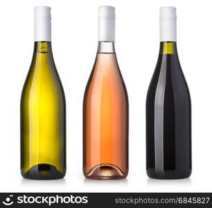 white, rose, and red wine bottles set isolated on white