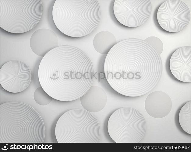 White round disks or plates over white paper background. Abstract 3d illustration in minimalism style. White round disks or plates over white paper background. Abstract 3d render in minimalism style