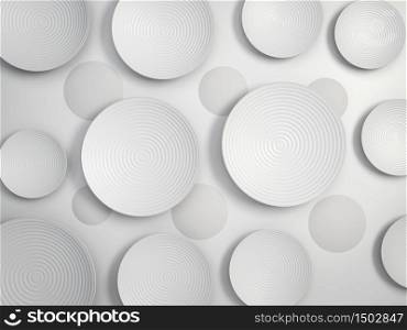 White round disks or plates over white paper background. Abstract 3d illustration in minimalism style. White round disks or plates over white paper background. Abstract 3d render in minimalism style