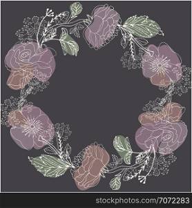White round floral composition with pastel roses and leaves. Black background. Home decoration, poster, banner, print, textile design element. Vector illustration. . Round garland decorated with roses.