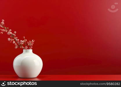 White round glass vase with a flower on a red wall background. White round vase with a flower on a red wall background