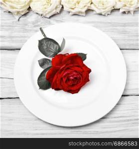 White round plate with a bud of a red rose, top view