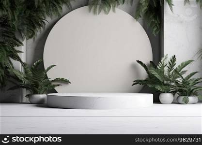 white round podium with a plant in it and a white vase with a green plant