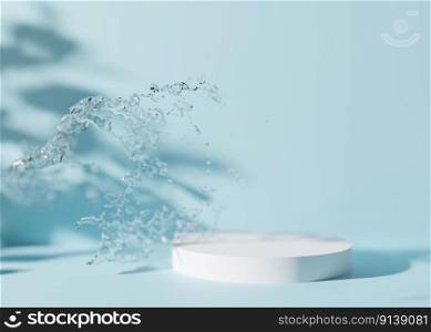 White round podium with shadows of leaves and water splash on light blue background. Mock up for product, cosmetic presentation. Pedestal or platform for beauty products. Empty scene. 3D rendering. White round podium with shadows of leaves and water splash on light blue background. Mock up for product, cosmetic presentation. Pedestal or platform for beauty products. Empty scene. 3D rendering.