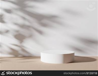White round podium with shadows of leaves on white background. Natural podium for product, cosmetic presentation. Mock up. Pedestal or platform for beauty products. Empty scene. 3D rendering. White round podium with shadows of leaves on white background. Natural podium for product, cosmetic presentation. Mock up. Pedestal or platform for beauty products. Empty scene. 3D rendering.