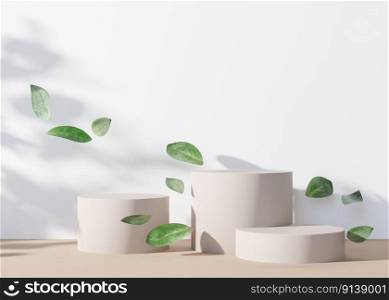 White round podiums set with leaves, flying in the air, on white background. Natural podiums for product, cosmetic presentation. Mock up. Stage for beauty products. Empty scene. 3D rendering. White round podiums set with leaves, flying in the air, on white background. Natural podiums for product, cosmetic presentation. Mock up. Stage for beauty products. Empty scene. 3D rendering.