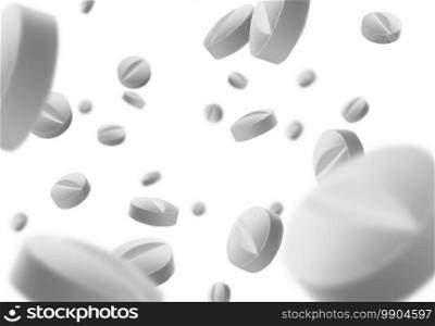 White round tablets levitate on a white background.. White round tablets levitate on a white background