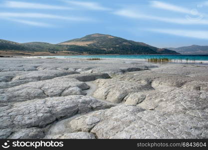 White sandy beach and sky in Lake Salda Turkey