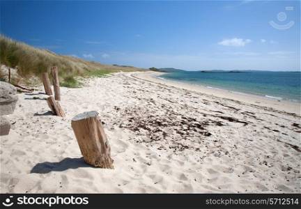 White sandy beach at Appletree Bay, Tresco, Isles of Scilly, Cornwall, England.