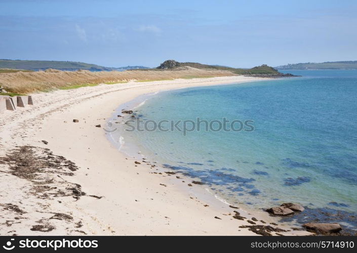 White sandy beach at Appletree Bay, Tresco, Isles of Scilly, Cornwall, England.